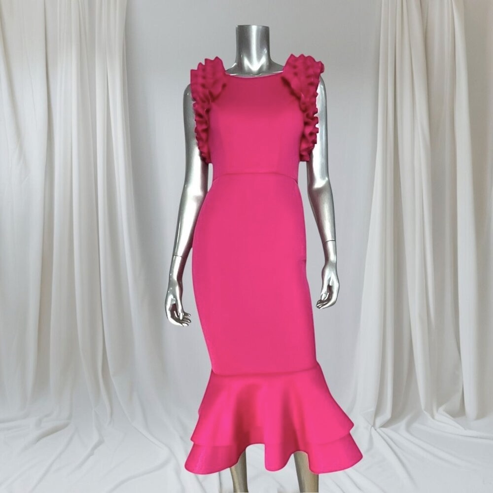 Sleeveless Fuchsia Ruffle Bodycon Midi Dress With Mermaid Hem S